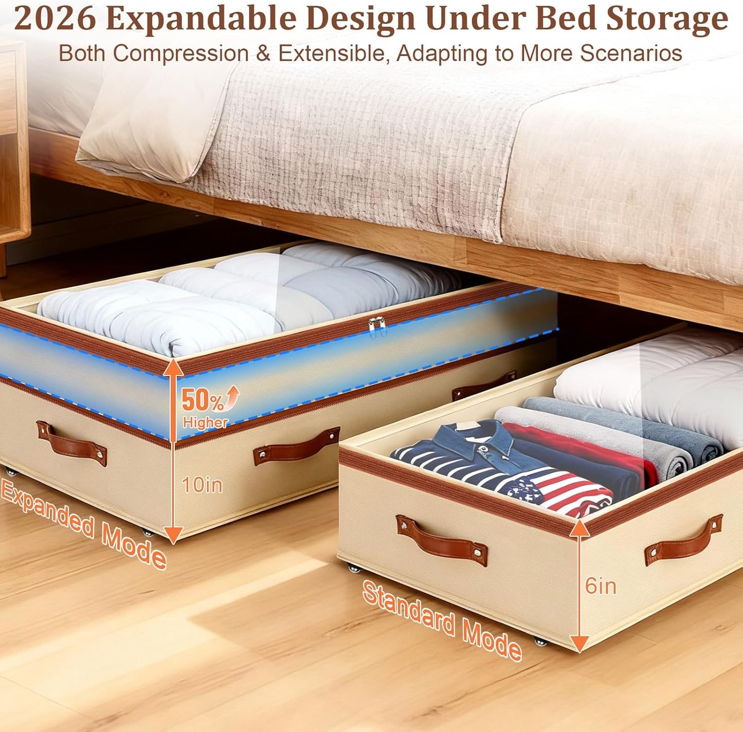 Dolicer 2 Pack Under Bed Storage with Wheels, 6in-10in Height Adjustable Underbed Storage Containers, 92L XXXL Under Bed Drawers Rolling Bin with Clear Lids for Dorm Shoes Clothes Organizers(Beige)