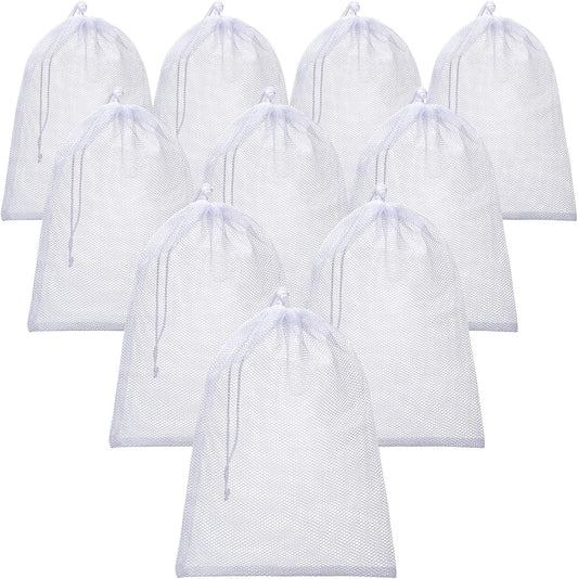 TecUnite 10 Pcs Mesh Bags Drawstring Laundry Bags Large Nylon Mesh Gift Dishwasher Bag with Sliding Drawstring for Kitchen Jewelry Gifts Wedding Favor Home(24 x 36 Inch,White)