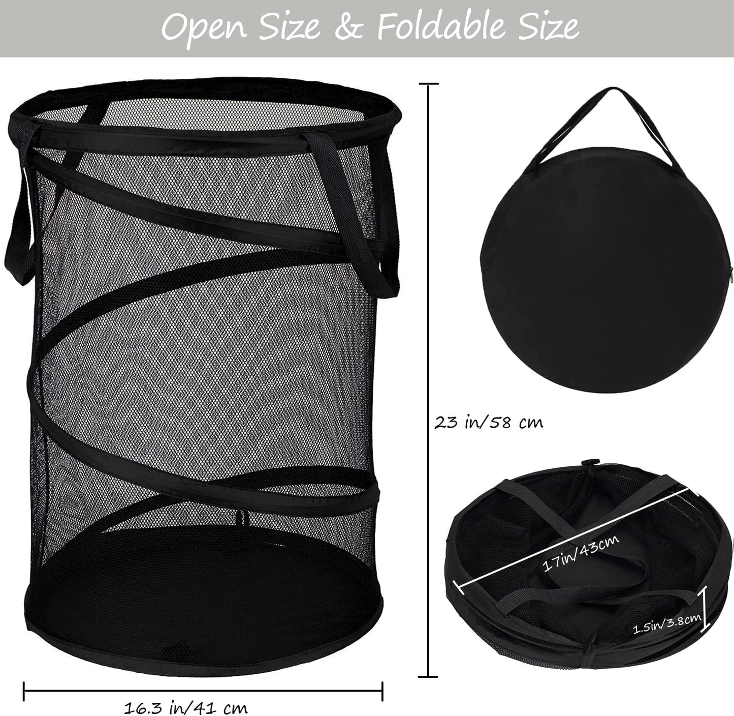 BATTOO Black X-Large Collapsible Laundry Basket Foldable Mesh Pop Up Hamper with Handles for Laundry Room, Bathroom, Kids Room, College Dorm, Travel, Camping, Gift Basket