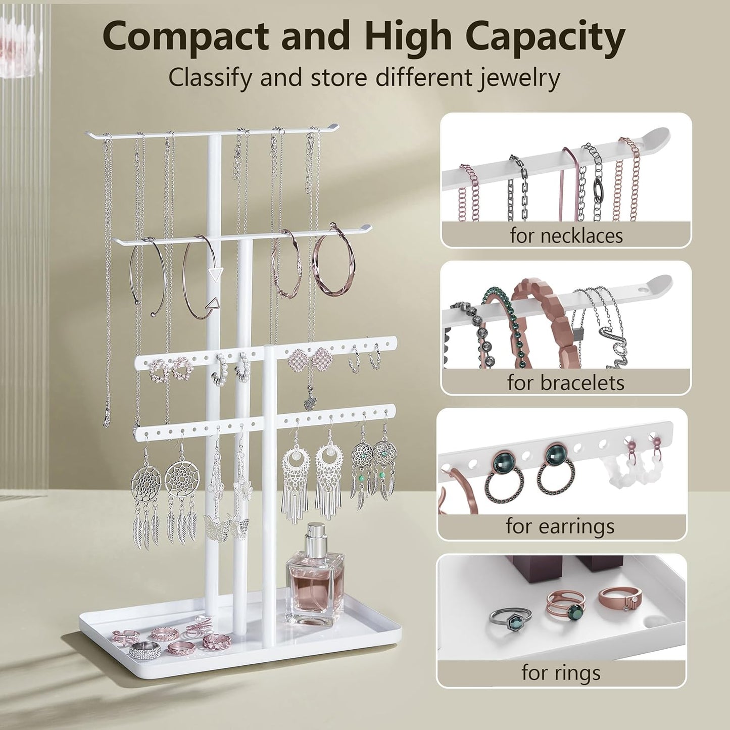 Jewelry Stand Organizer for Necklace Earring - 14.5" Sturdy Metal, 3-TierJewelry Holder for Bracelet, Ring Display and Storage, White