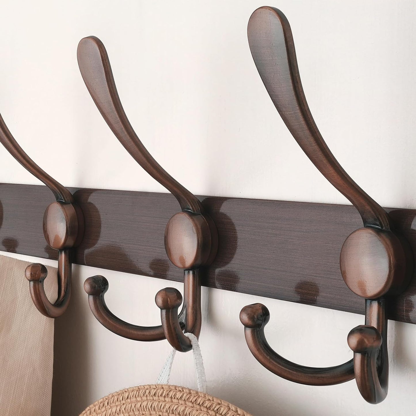 Dseap Coat Rack Wall Mount - 38” Long 10-Tri-Hooks Heavy Duty Coat Hanger Rail Wall Hooks for Hanging Coats Hats Clothing Clothes Purse Mudroom Entryway, Antique Copper, Pack of 2