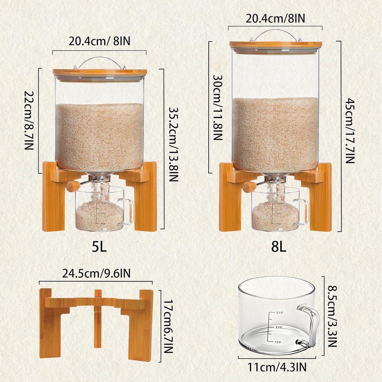 Rice Dispenser, Rice Storage Container, Flour and Cereal Container for Kitchen Organization and Pantry Store, Glass Cereal dispenser with Airtight Lid and Wooden Stand 8L