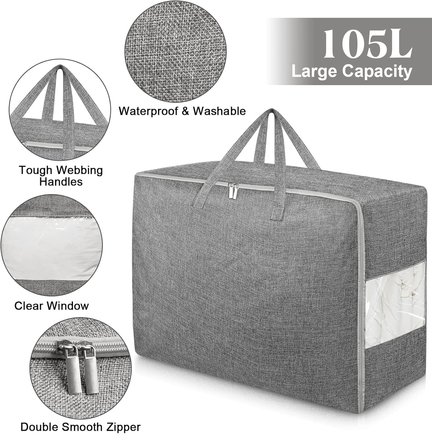 4Pack 105L Extra Large Storage Bags, Folding Moving Comforter Blanket Storage Bags Closet Organizers and Storage Containers for Clothes with Strong Handles&Zippers Clear Window for Bedding Pillow Grey
