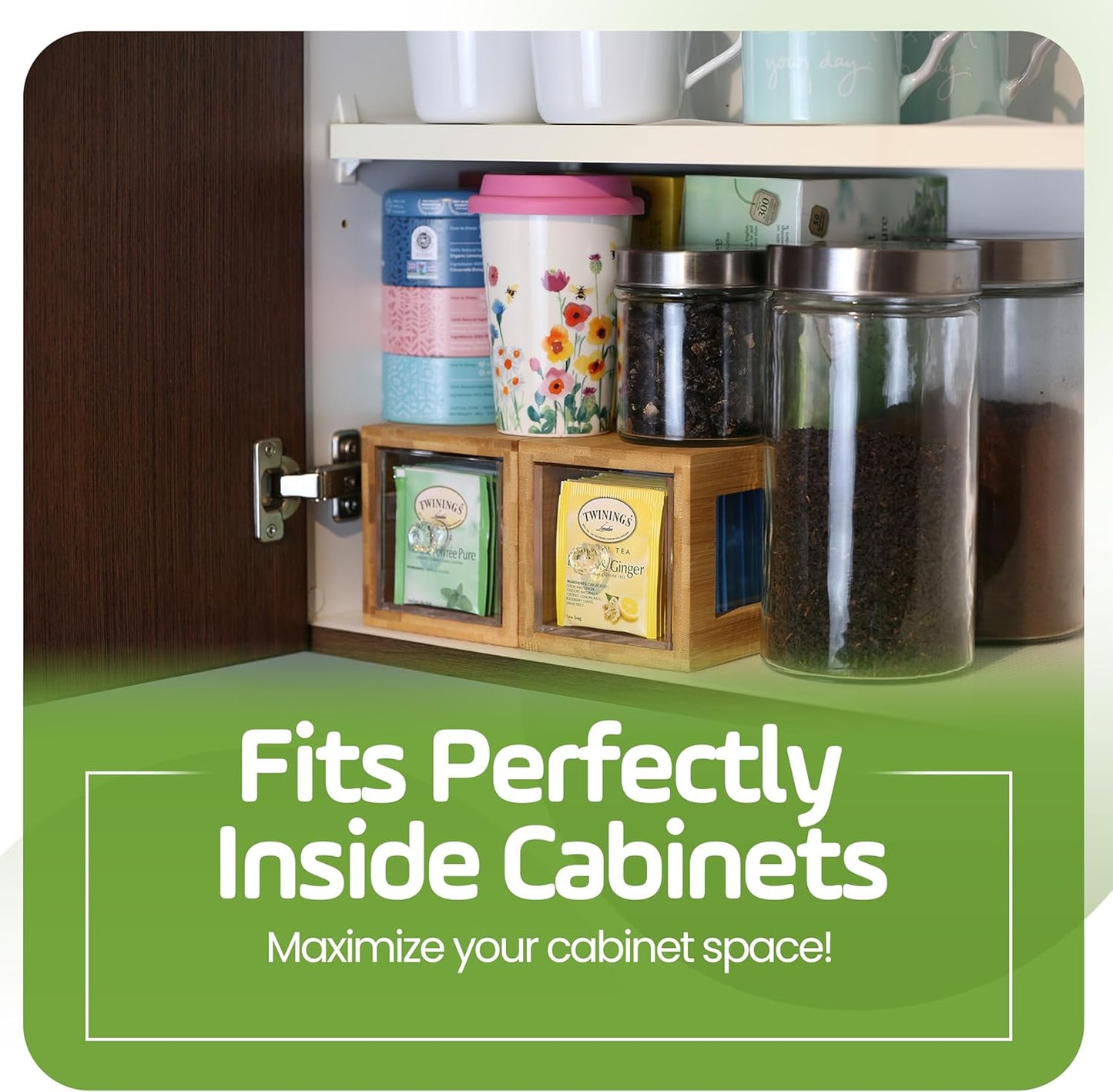 Bamboo and Acrylic Drawer Tea Bag Holder- Durable & Elegant Tea Bag Storage Holder for Kitchen Countertop, Space-Saving Tea Drawer Organizer