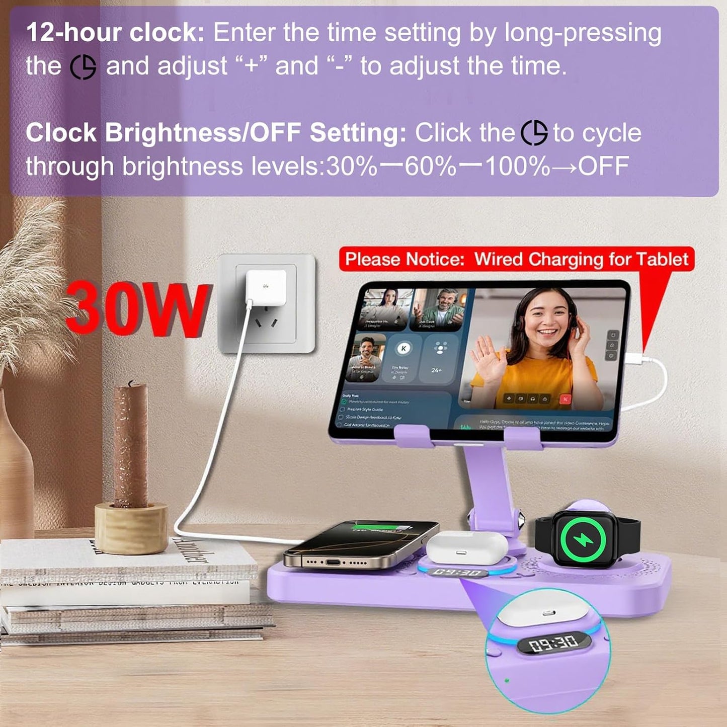 30W Charging Station for Apple Products, Foldable Wireless Charger with Clock Display&7 Color Light, Wired Charging for iPad/Tablet Charging Station for iPhone17, for Apple Watch11 for AirPods4(Purple