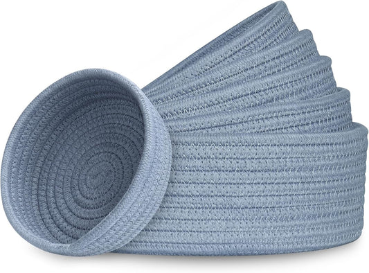 Small Shelf Storage Baskets for Organizing, 6 Pack Round Cotton Rope Bins, Decorative and Cute Woven Baskets for Bedroom and Closet, Key Tray Bowl, Home Decor Countertop Organizer (Blue)