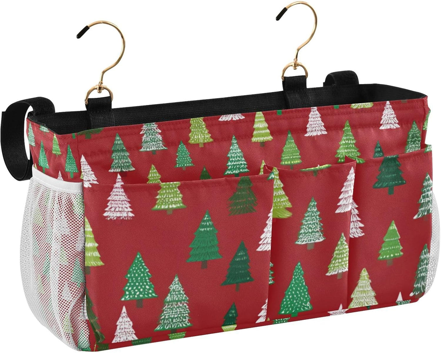 Christmas Trees White Green Bedside Caddy for Dorm Bed Bedside Hanging Caddy Bag Iron Frame Storage Organizer Pocket for Bunk Home College Hospital Beds 2 Hooks