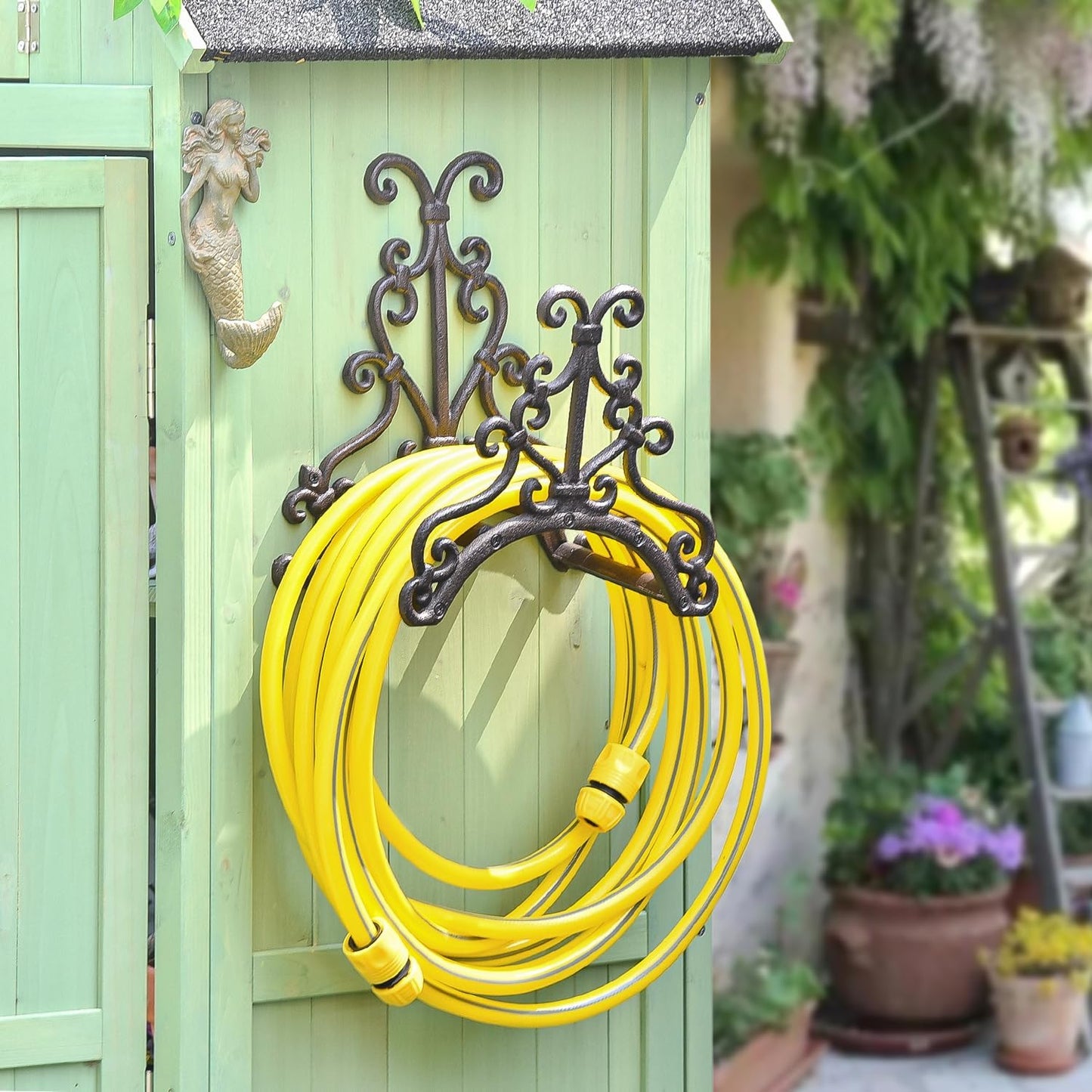 Sungmor Heavy Duty Cast Iron Garden Hose Holder - Wall Mounted Water Hose Hanger - European Vintage Pattern Decorative Hose Rack - Large Water Hose Bulter Storage - Indoor Outdoor Metal Hose Stand