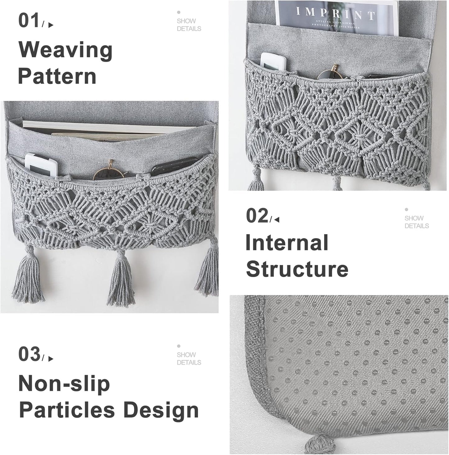 Mkono Macrame Couch Organizer Remote Control Caddy Sofa Armrest Armchair Bedside Storage Holder Bag for TV Remote, Magazine, Books, Cell Phone, iPad, Boho Living Room Home Dorm Decor, Grey
