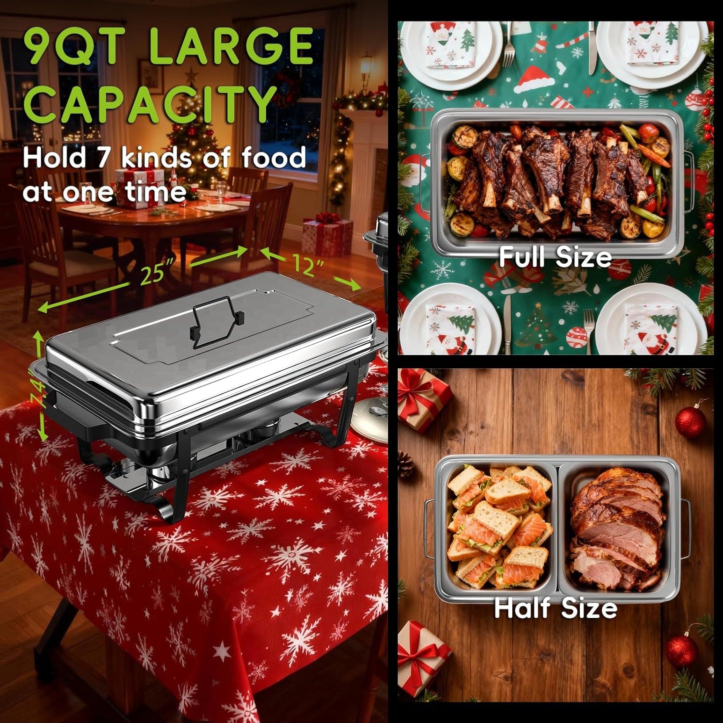 sifer 9Qt 2Pack Chafing Dishes for Buffet [Multi-Size Food Pans] | Chafing Dishes with Screwless Assembly & Stackable [Easy to Store] Design for Wedding/Home/Christmas Buffets, Black