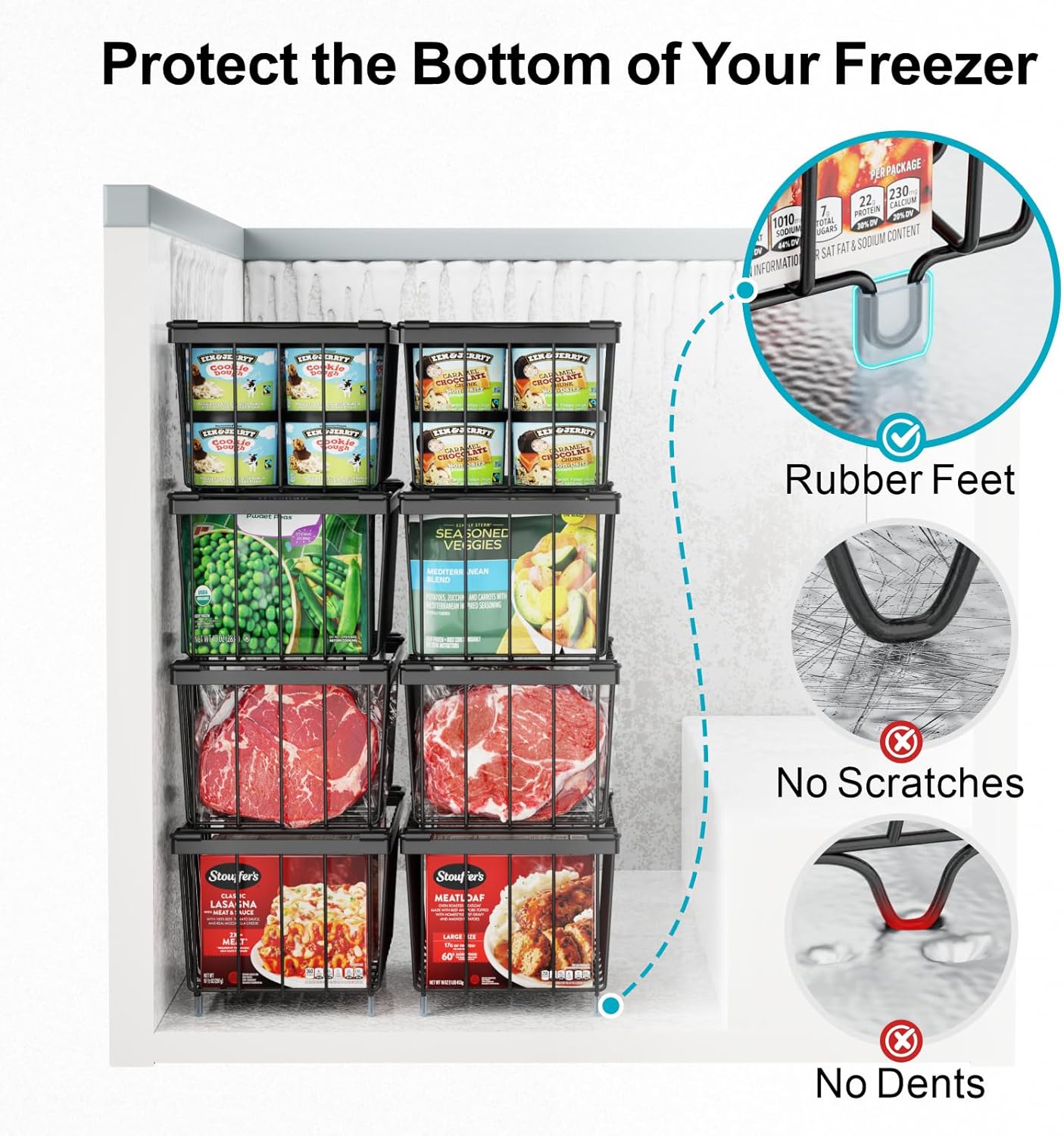 iSPECLE Freezer Organizer Bins - 8 Pack Small Stackable Deep Freezer Organizer Bins for 7 Cu.Ft Freezers Easy Get Bottom Foods without Digging, Chest Freezer Organizer Prevent Frozen Food Waste, Black