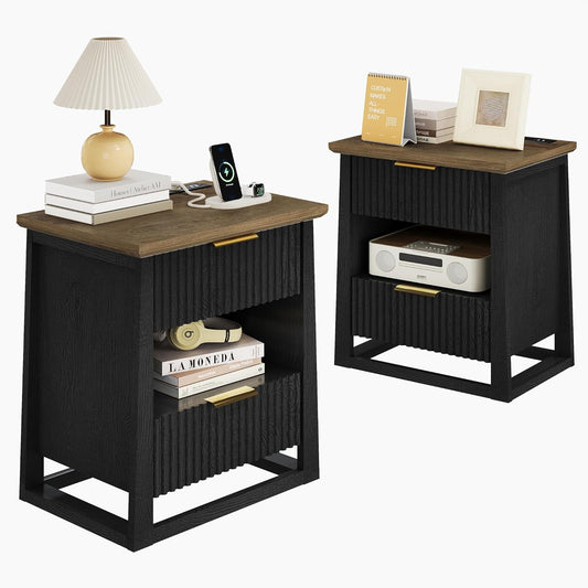 HIFYOBRO Fluted Nightstands Set of 2 with Charging Station & Motion Sensor Light, Modern Bedside Tables with 2 Drawers and Storage Shelf for Bedroom, Black