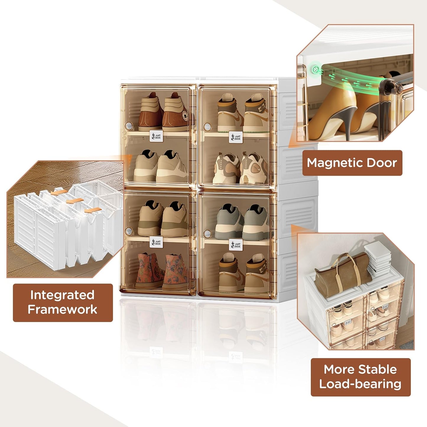 ANTBOX Shoe Organizer Storage Box, Portable Folding Shoe Rack For Closet With Magnetic Clear Door,Large Sneaker Cabinet Bins All-in-one Sturdy Easy Assembly 4 Layers-8 Grids