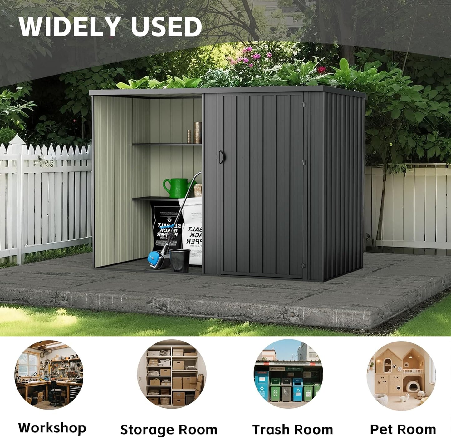 2 in 1 Metal Outdoor Storage Shed with Firewood Rack, 8×4 FT Lockable Waterproof Garden Tool Shed with Shelves, Open & Enclosed Dual-Storage Backyard Patio Shed with Sloped Roof (No Floor)
