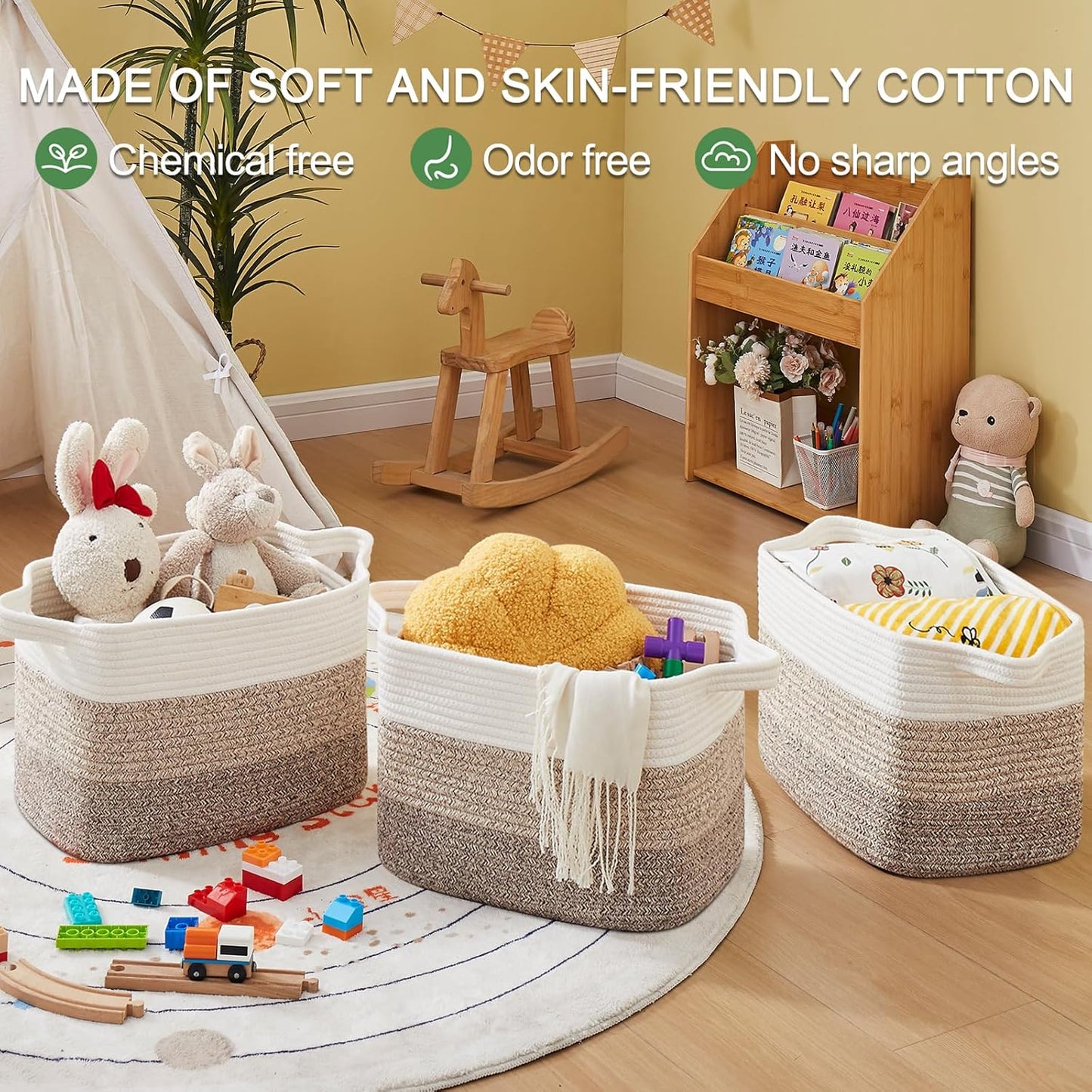 Storage Baskets for Organizing, Woven Baskets for Shelves, Rectangle Decorative Organizer for Storage Clothes, Toy, Books, Towels Nursery Bins 3 Pack (Gradient Yellow, 15.75"x11.8"x9.85")