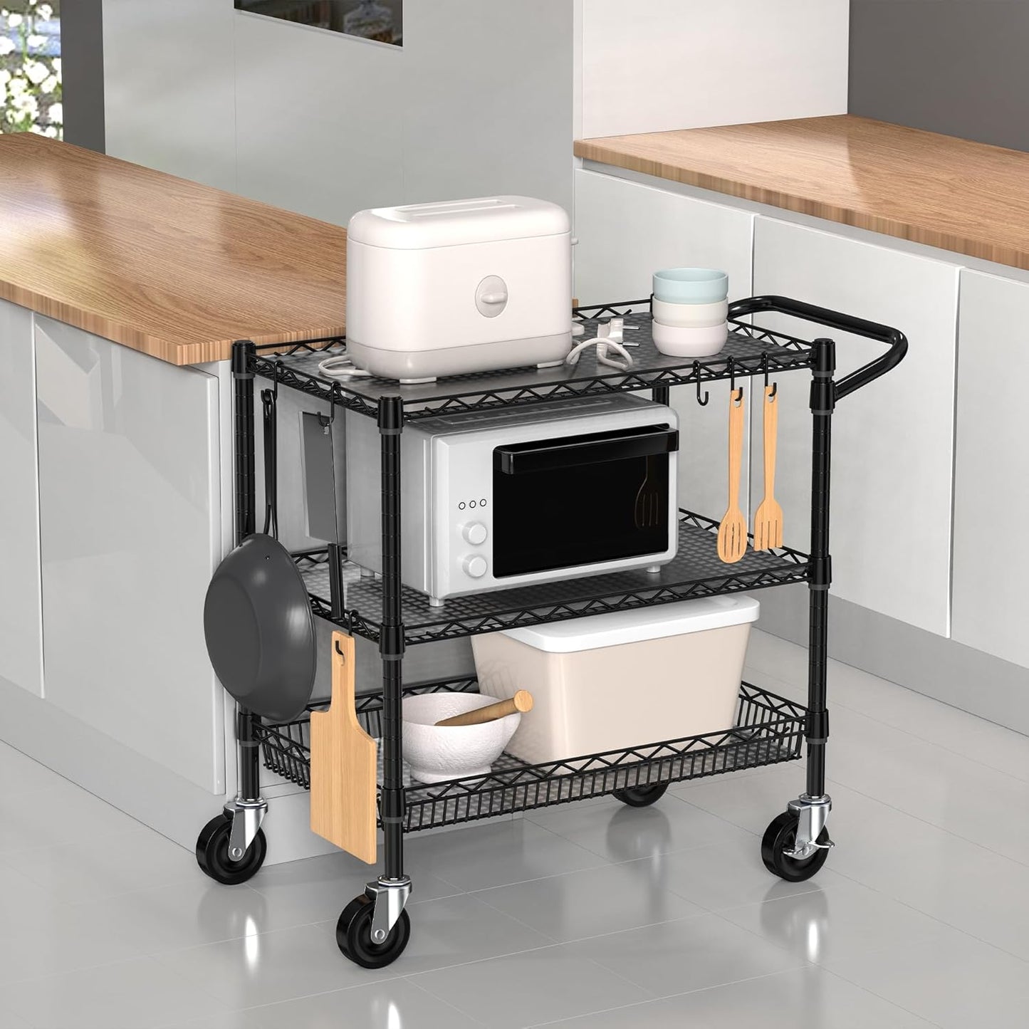 Heavy Duty Rolling Cart with Wheels, 3 Tier Commercial Grade Utility Cart, Metal Kitchen Storage Trolley with Handle Bar & Shelf Liner for Food Service Tool, Black