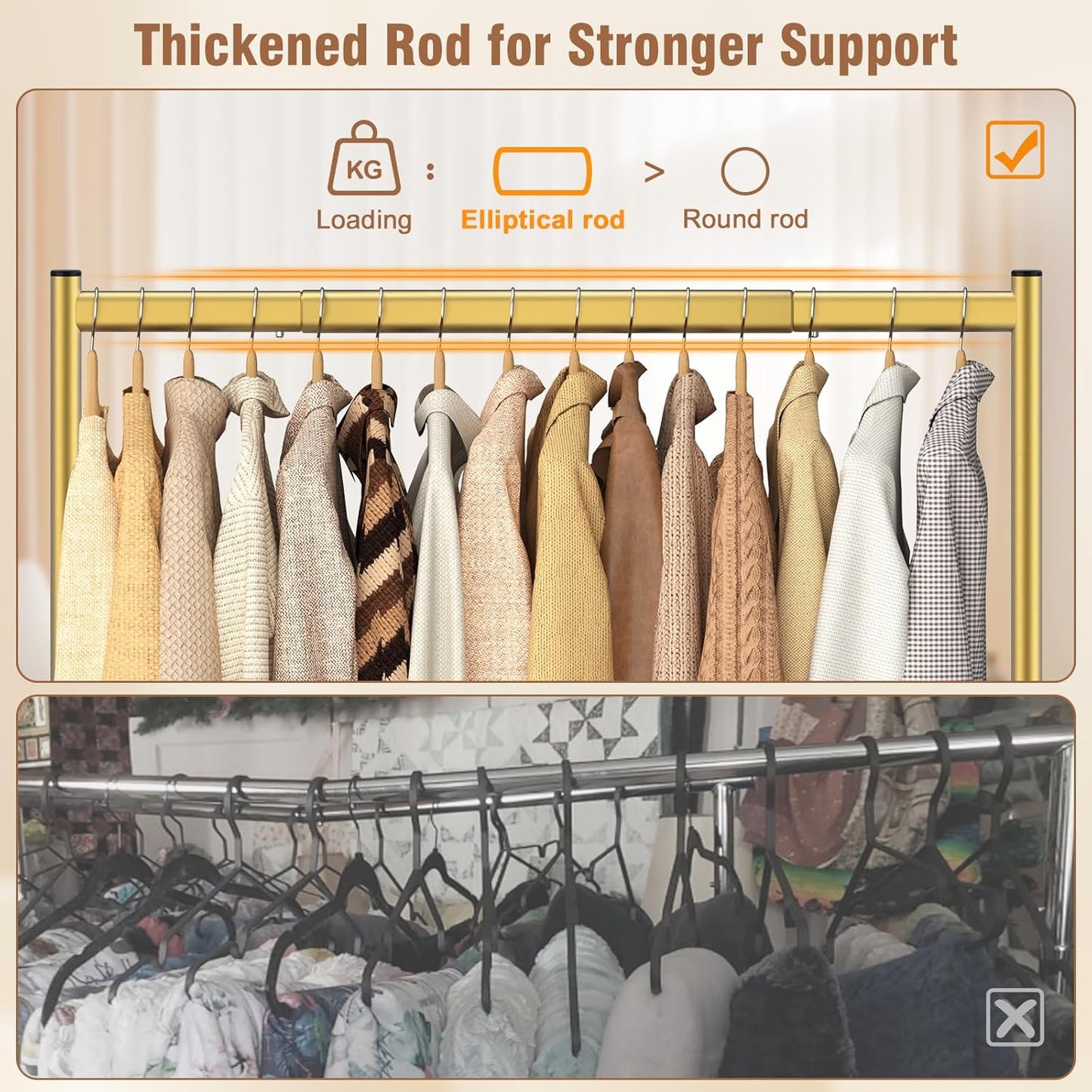 EAGMAK Heavy Duty Clothes Rack Load 420 LBS, Rolling Garment Organizer with Lockable Wheels, Standing Metal Clothing with Shelves, Portable Wardrobe Rack Sturdy Coat Rack for Hanging (Gold)