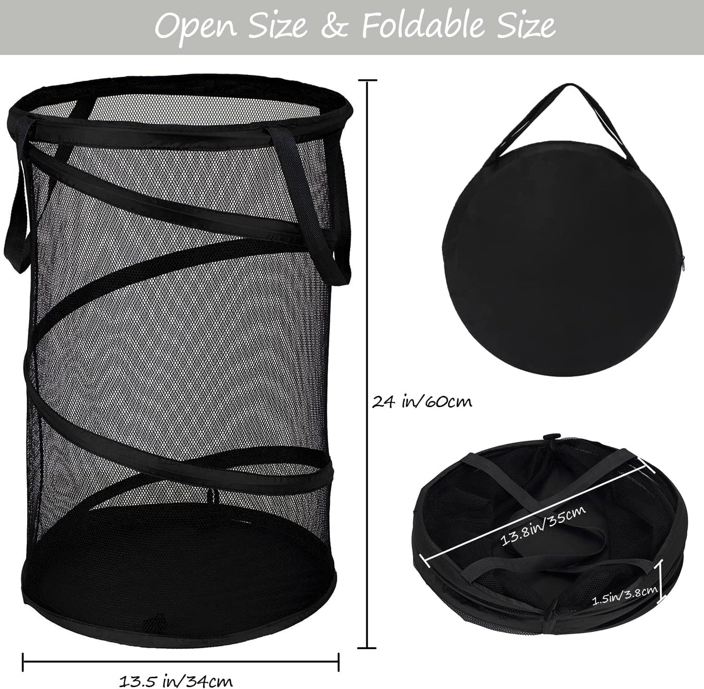 BATTOO 2 Pack Large Collapsible Laundry Basket Foldable Mesh Pop Up Hamper with Handles for Laundry Room, Bathroom, Kids Room, College Dorm, Travel, Storage Organizer Black
