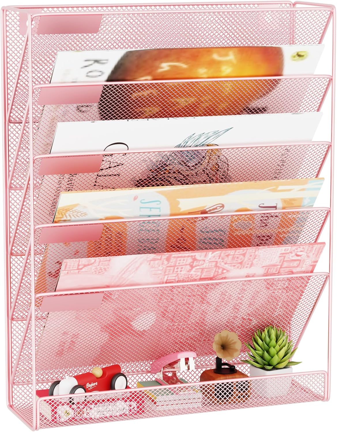 Wall File Organizer Holder Mesh Hanging Paper Document Holder, Vertical 6 Pocket Tier for Office Home, Light Pink
