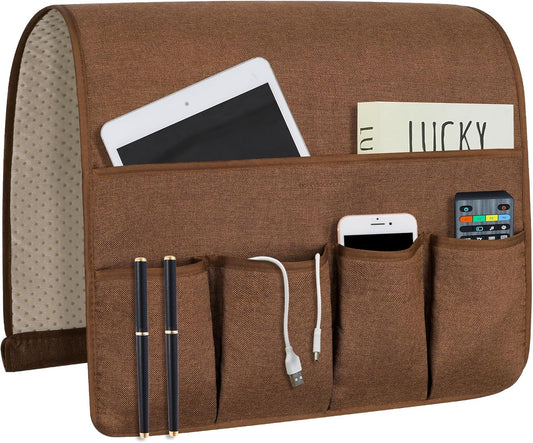 NB Sofa Armrest Organize remote holder bedside caddy organizer with 5 pockets，non-slip couch remote control holder couch armchair caddy accessories (Brown, 35''x18'')
