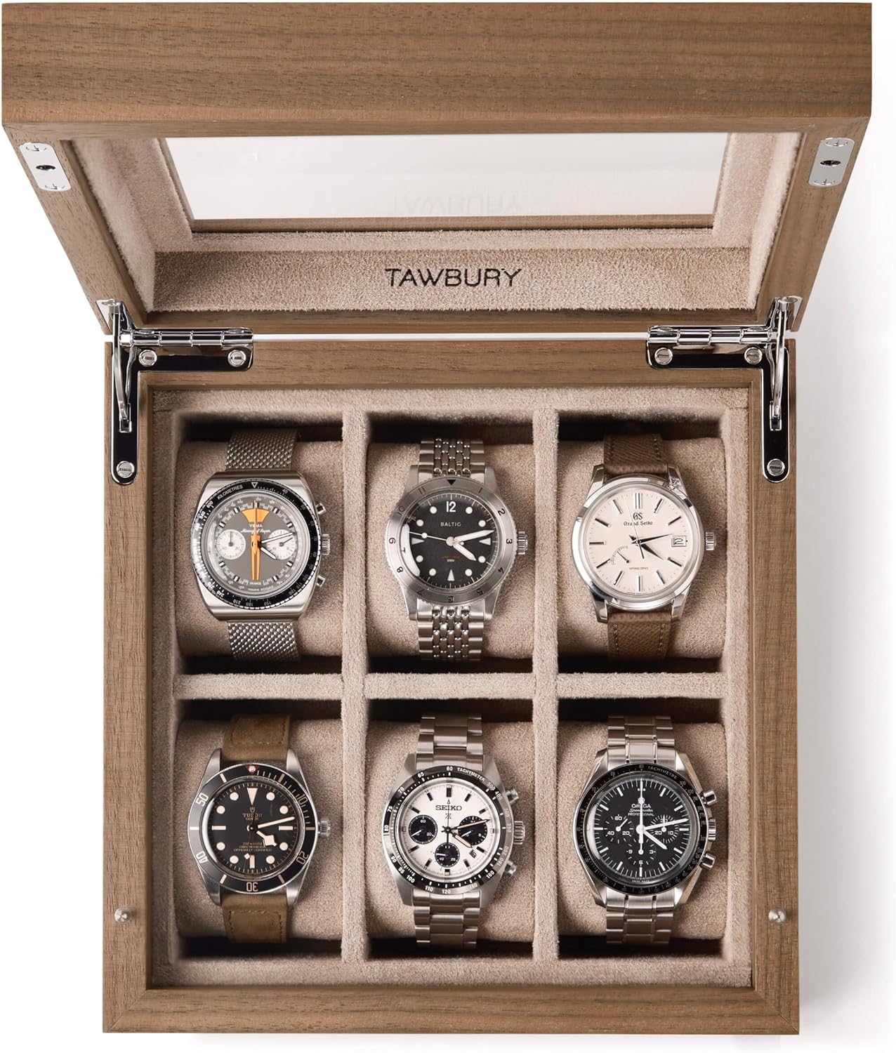 TAWBURY Wooden Watch Case - 6 Slot Wood Watch Box for Men & Women with Glass Display, Protective Fully Lined Interior and 2-inch Wide Pillows for Large Watches (Light Walnut)