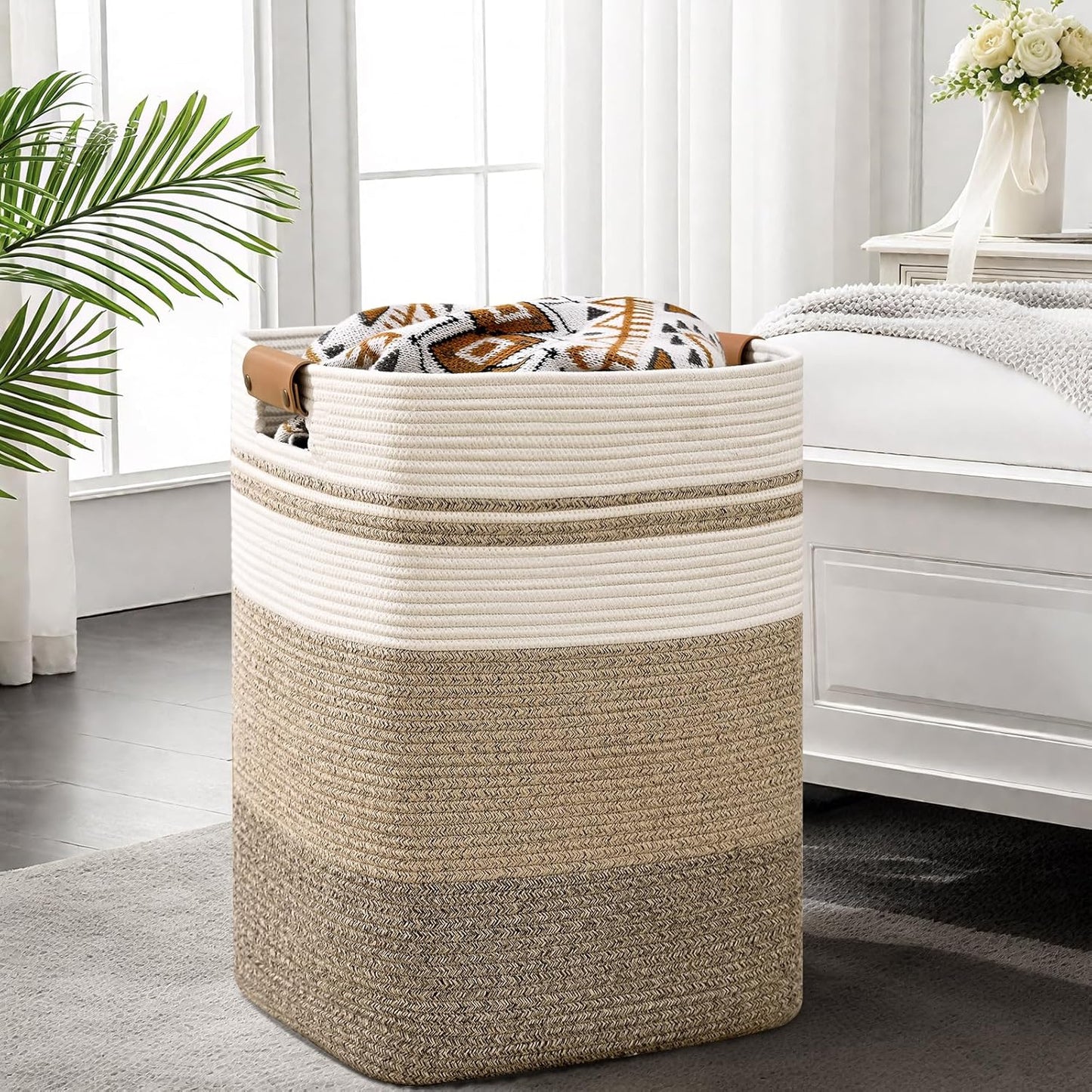 Laundry Hamper, 85L Tall Laundry Basket with Leather Handles, Rectangle Large Clothes Hamper for Organizing, Cotton Woven Laundry Baskets Storage Hampers for Bedroom, Nursery, Living Room