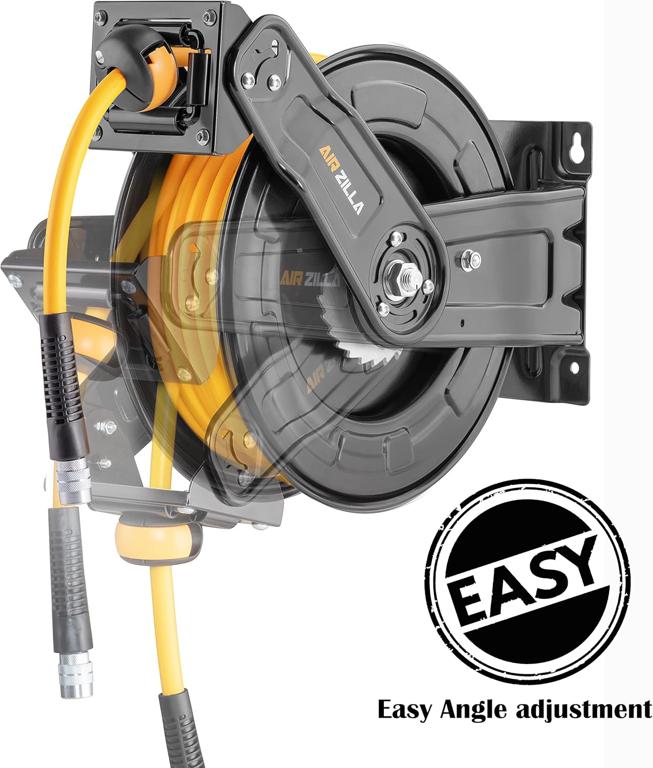 Premium Steel Retractable Air Hose Reel With Dual Arm, 3/8"x50Ft Hybrid Polymer Hose, Heavy Duty Air Hose Reel included Auto Rewind Reel | Quick Air Coupler | Durable Double side Frame.
