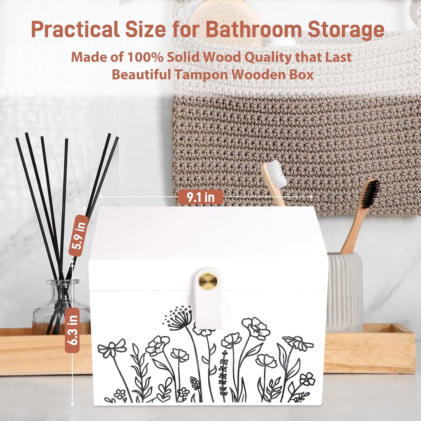 100% Solid Wood Tampon Holder Box with Lid, Copper Leather Pull, Absolute Real Wood Bathroom Decorative Box for Feminine Product Storage and Accessories such as Tampons, Cotton Balls, Gifts for Women