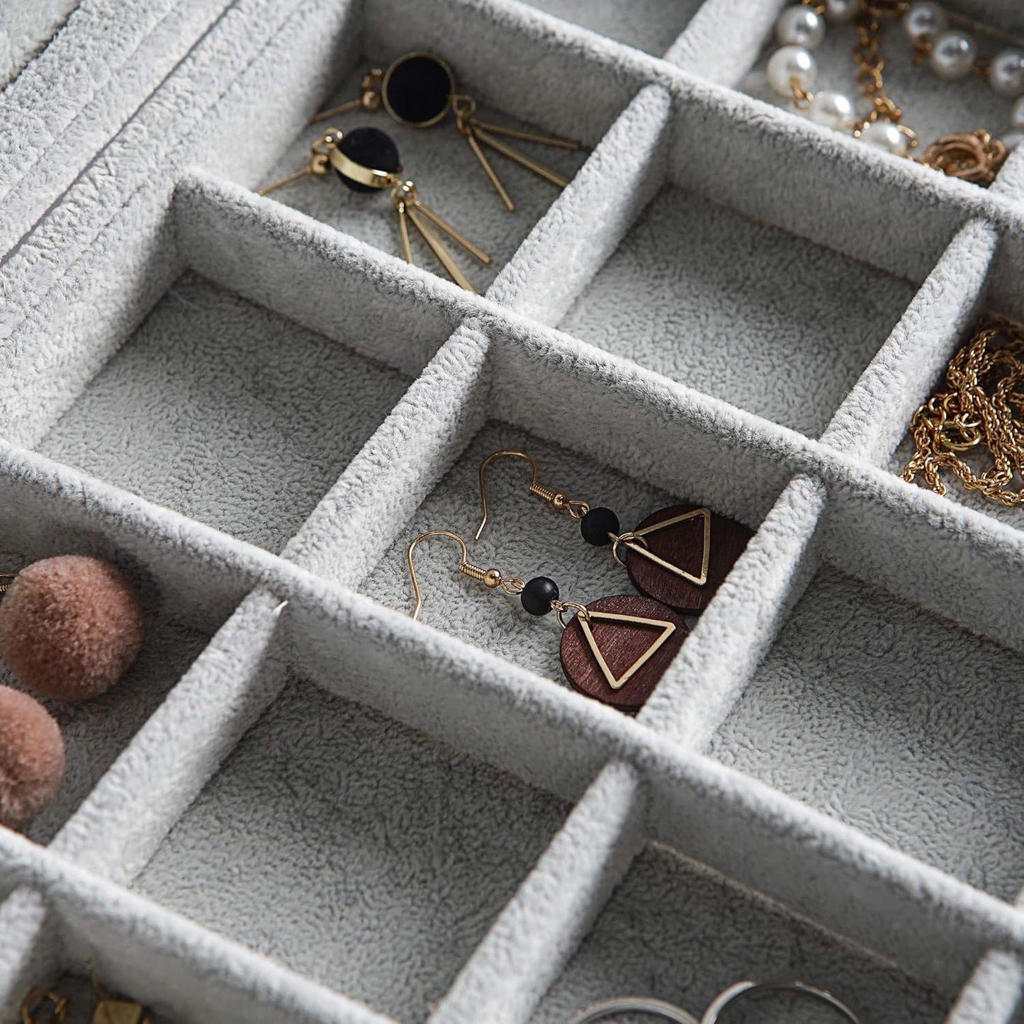 Frebeauty Velvet Jewelry Tray,35 Grid Jewelry Organizer with Clear Lid,Earring Holder Organizer Case with Clasp,Drawer Insert for Rings Studs,13.8 x 9.5 x 2 Inches,Gift for Women Girls(Grey)