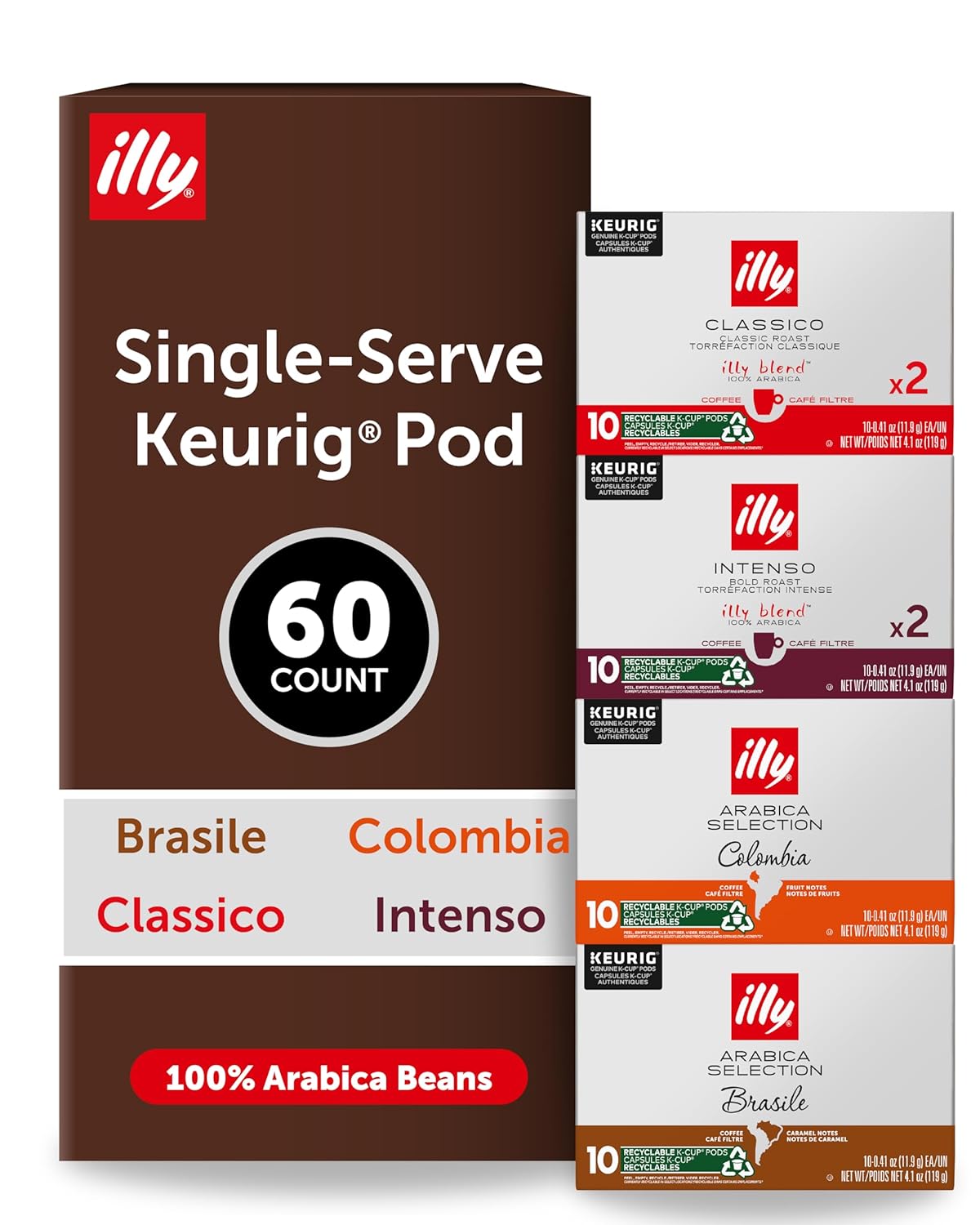 Illy Coffee K-Cups - Compatible Pods for Keurig Coffee Maker - Classico, Intenso, Brasile & Colombia Roasts - Variety - 10 Count (Pack of 6)