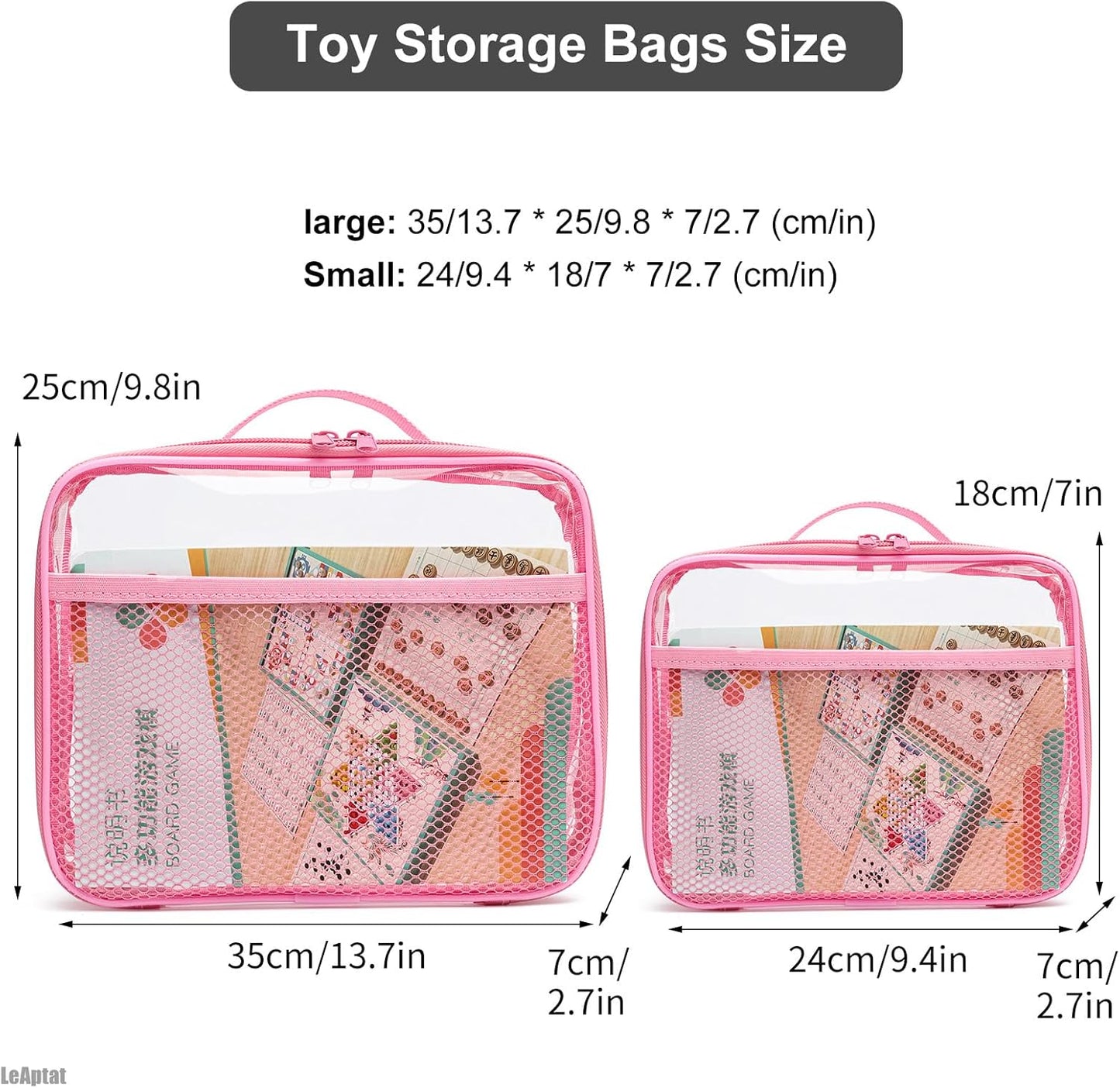 4 Pack Clear PVC Zippered Toy Storage Bags for Toy, Kids Toy, Building Blocks, Puzzle, Clay, Board Game Storage Organizer Travel Waterproof Toy Bag With Name Tag Pocket (Pink, Samll)