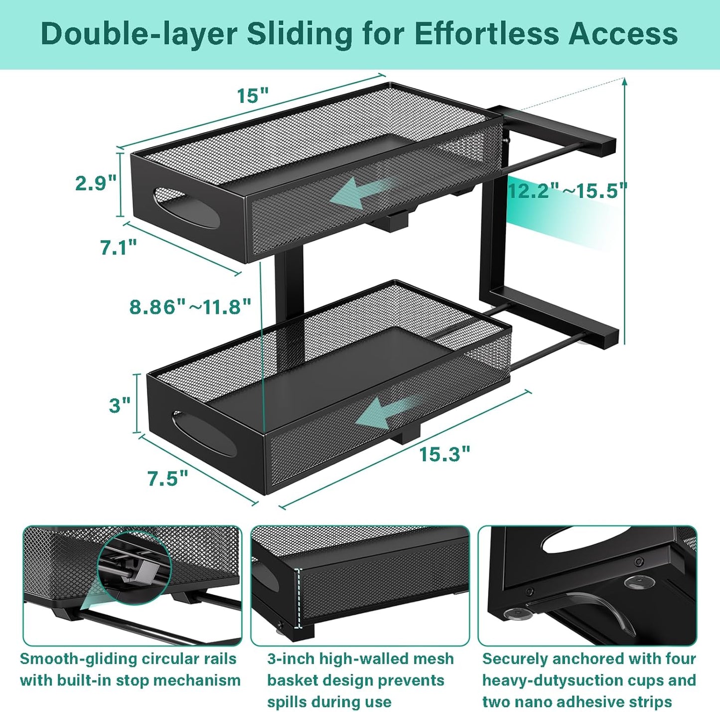 Under Sink Organizer, 1-Pack of 2-Tier Metal Slide Out Pull Out Cabinet Organizer Shelf, Height Adjustable Organization and Storage Series, Bathroom/Desktop/Cabinet/Kitchen organization, Black