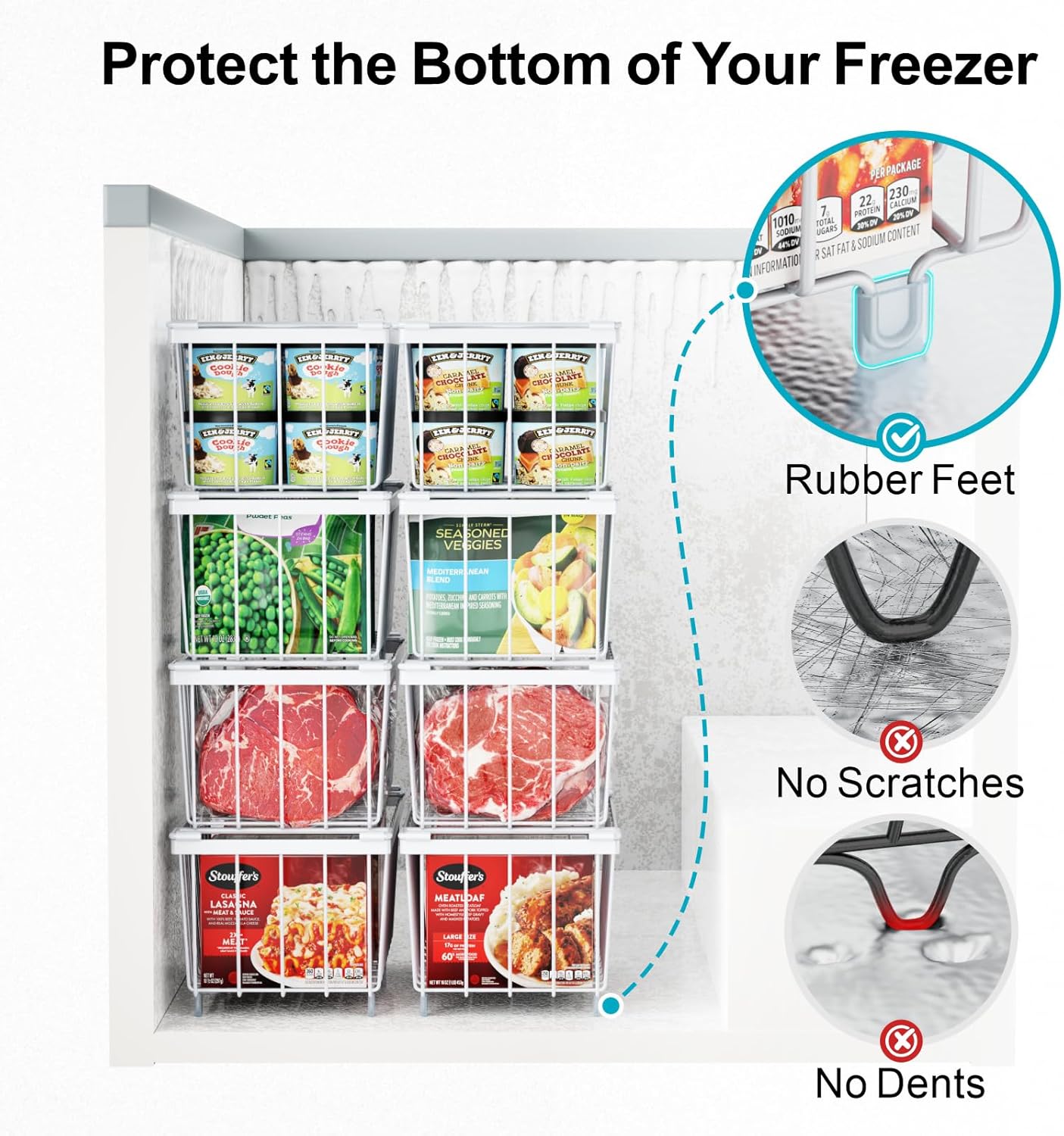 iSPECLE Freezer Organizer Bins - 6 Pack Small Stackable Deep Freezer Organizer Bins for 7 Cu.Ft Freezers Easy Get Bottom Foods without Digging, Chest Freezer Organizer Prevent Frozen Food Waste, White