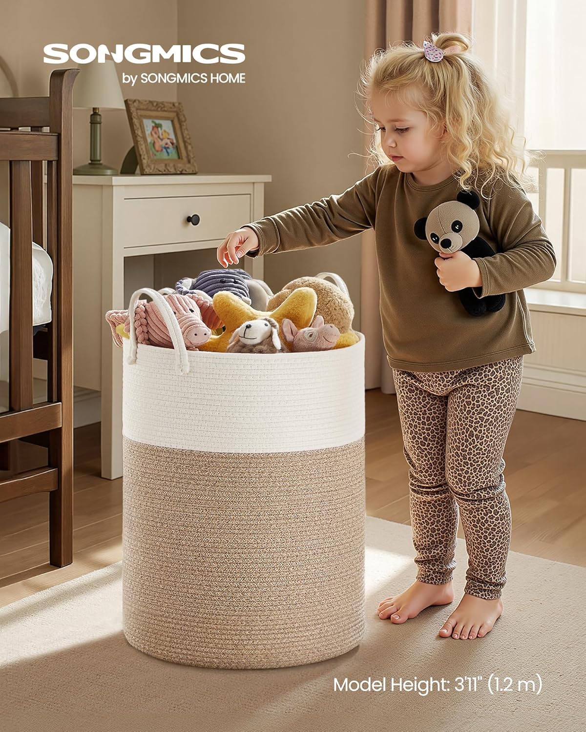 SONGMICS Laundry Hamper, Cotton Rope Laundry Basket with Handles, for Children, Toys, Clothing, Living Room, Bedroom, 21.1 Gallons, 15.7 x 15.7 x 23.6 Inches, White and Grayish Brown URLH062LZ01