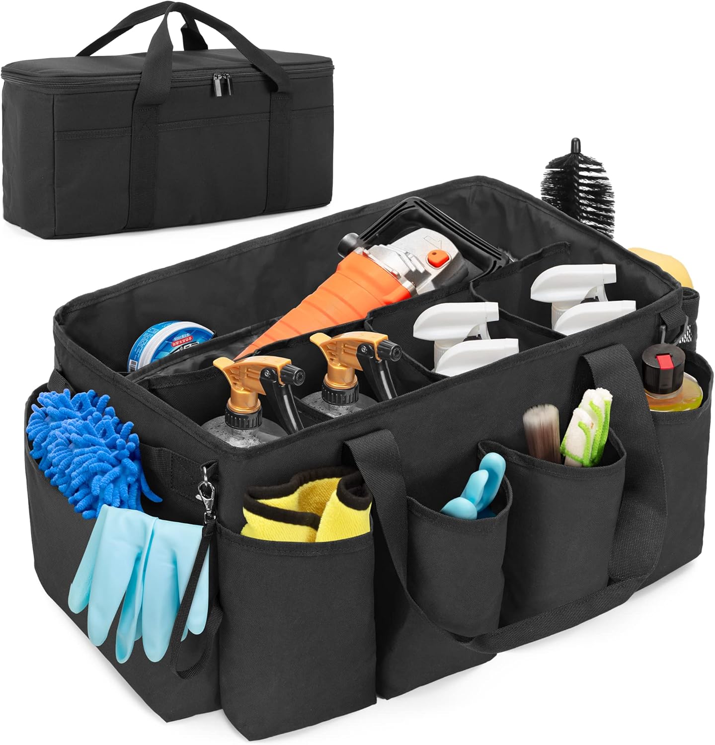 Detailing Bag with Polisher Carry Bag, Large Detail Car Care Box for Auto Detailing Supplies, Car Wash Caddy & Trunk Organizer for Buffer Bottle Towel & Cleaning Kit, Black, Patent Design