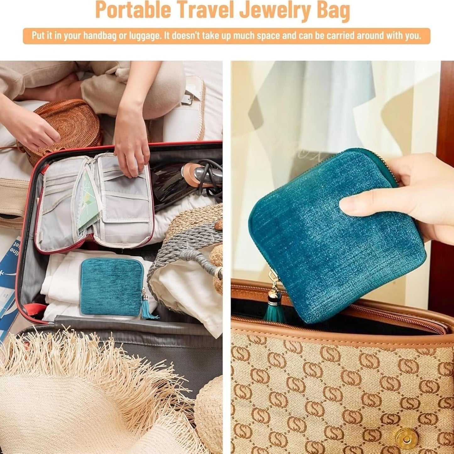 Travel Jewelry Case, Portable Jewelry Storage Bag, Compact Foldable Five Compartments Organizer Pouch with Zipper & Tassel for Earring Necklace Ring Bracelet (2pcs-A)