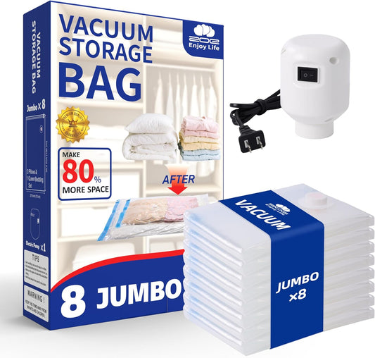 Vacuum Storage Bags with Electric Pump,8 Pack Extra Large Space Saving Vacuum Seal Bags for Bedding,Blanket,Comforters,Duvets,Pillows(8 Jumbo)