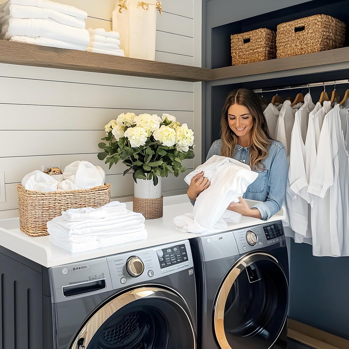 Kaboon Washer Dryer Countertop, Melamine Countertop with Edge Rails - 27.5" Depth x 54" Width Laundry Room Organization, White