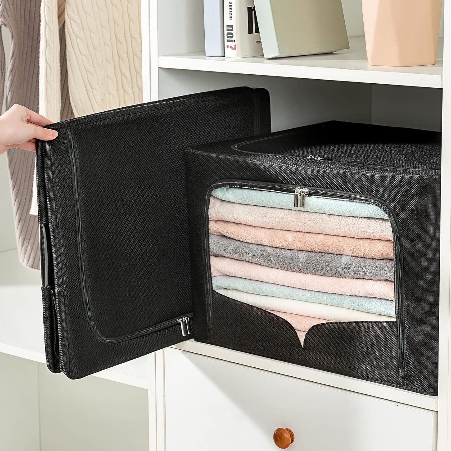 FHSQX 3 Pack Clothes Storage Bins Foldable Metal Frame Storage Box Stackable Linen Fabric Organizer Set with Carrying Handles and Clear Window (Black, 15.7x11.8x7.8inch(22L))