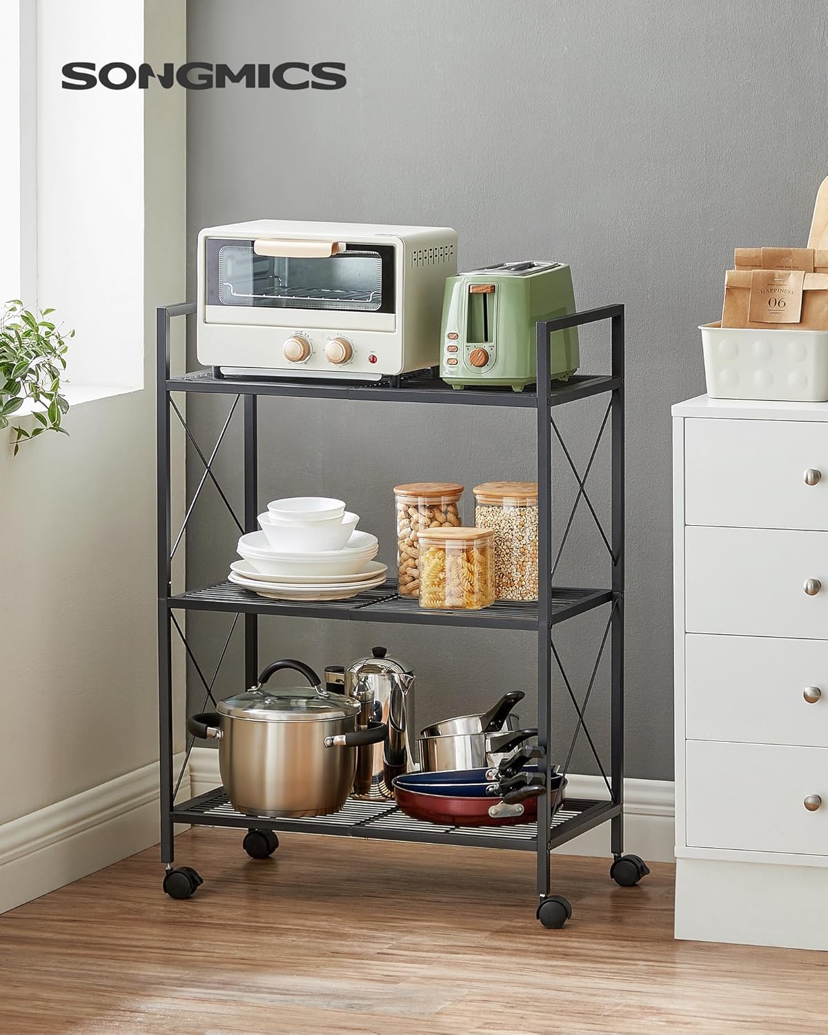 SONGMICS 3-Tier Metal Storage Rack with Wheels, Mesh Shelving Unit with X Side Frames, 23.6-Inch Width, for Entryway, Kitchen, Living Room, Bathroom, Industrial Style, Black UBSC163B01