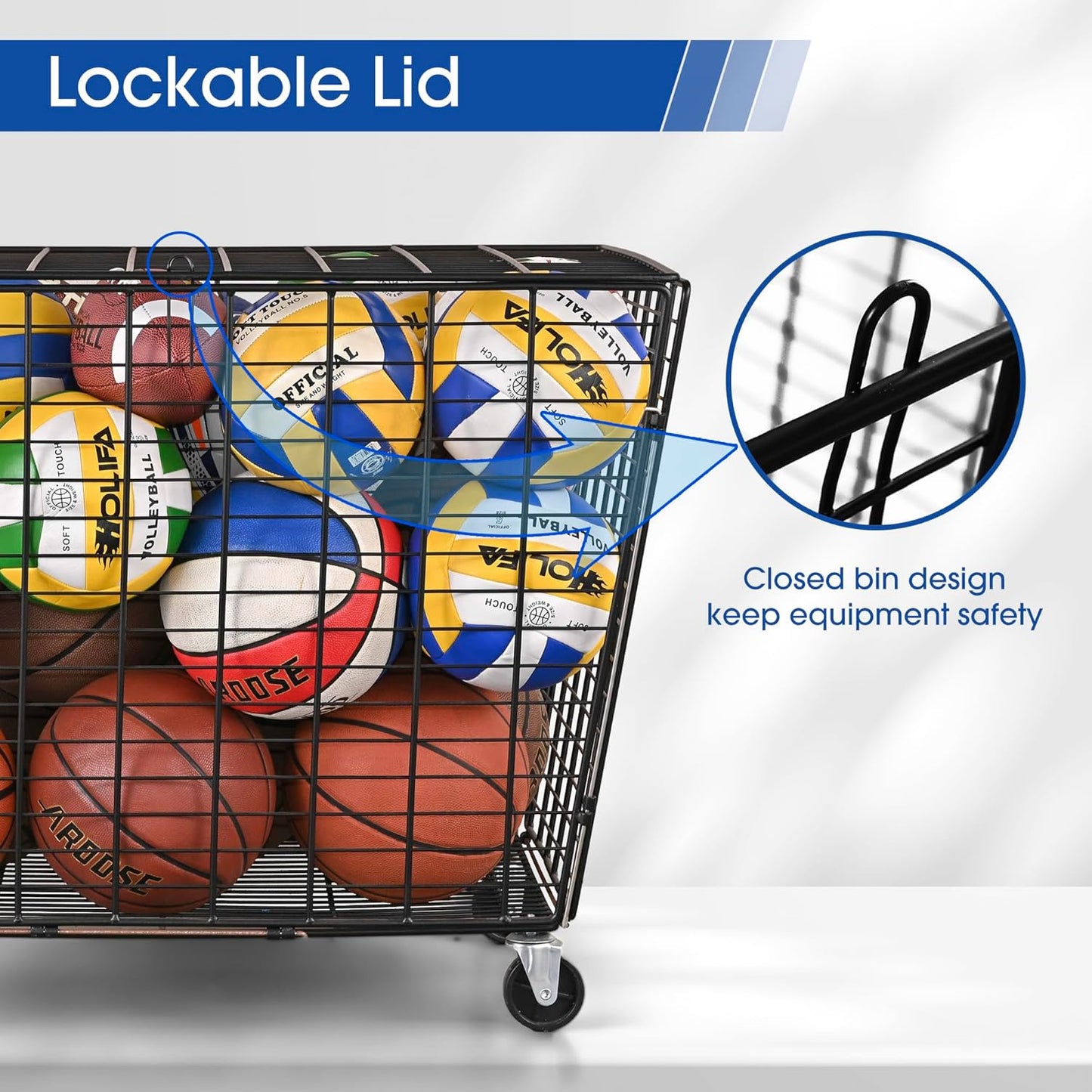 Mythinglogic Rolling Ball Storage Cart, Ball Storage Bin with Lockable Lid, Garage Organizer Made of Steel, Suitable for School Sport Equipment Storage