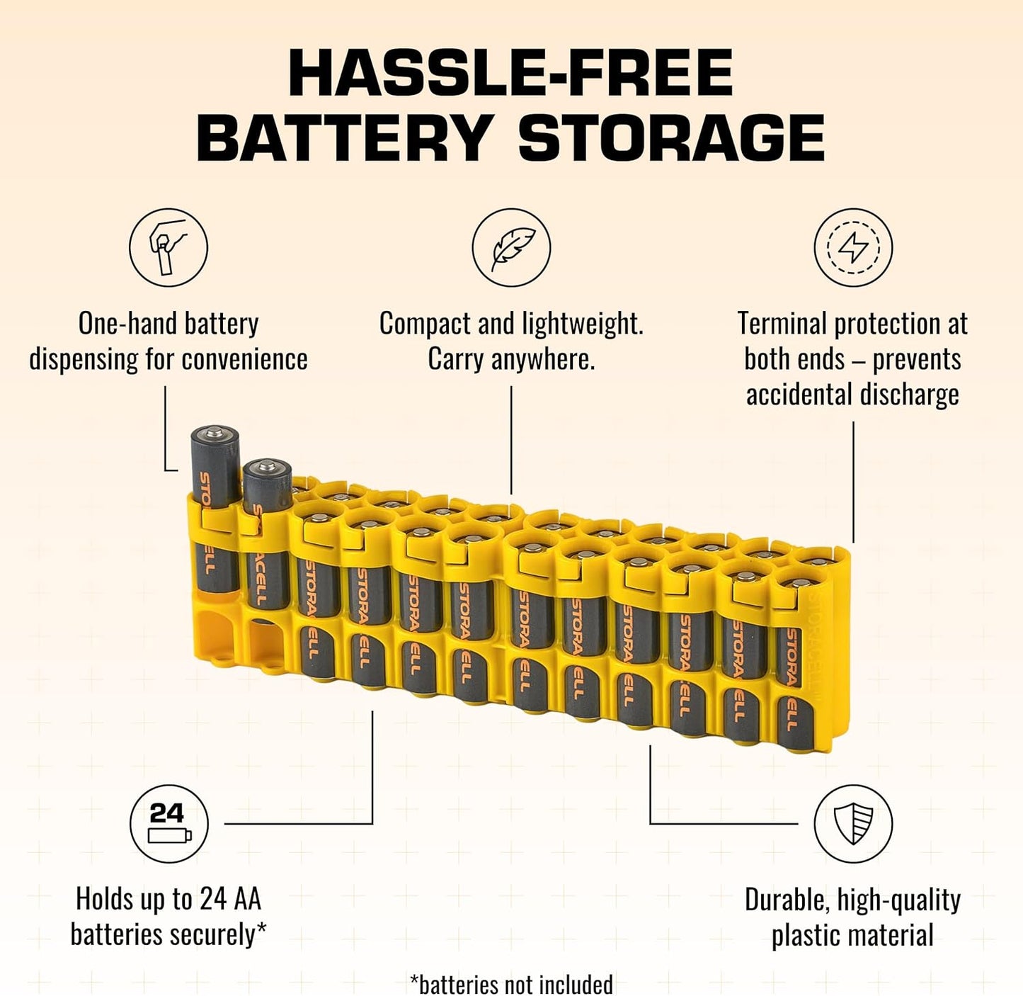 AA Battery Storage Caddy by Storacell, Yellow - Holds 24 Batteries (Not Included)