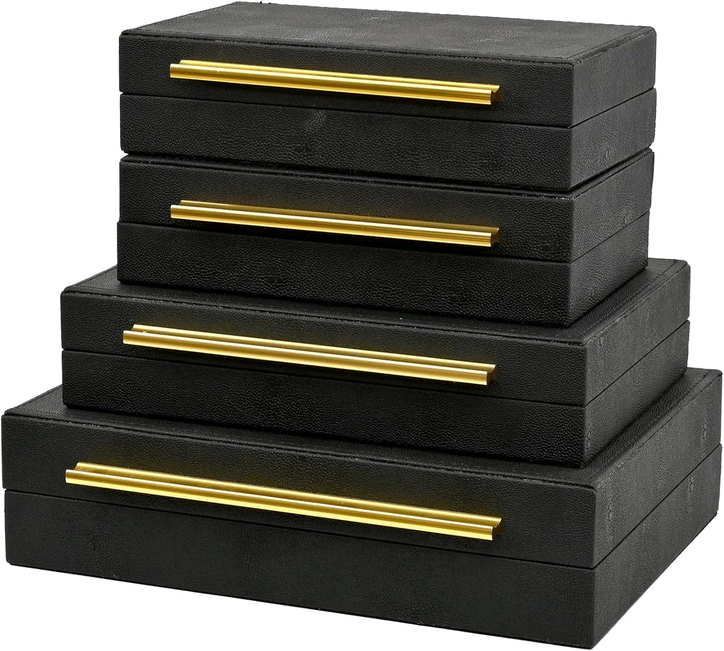 Faux Shagreen Leather Jewelry Boxes Set of 4 with Gold Handles, Stackable Decorative Storage Organizer for Rings, Earrings, Vanity, Dresser, Black
