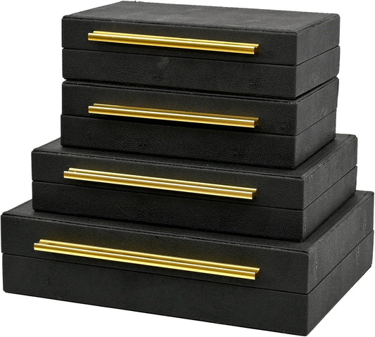 Faux Shagreen Leather Jewelry Boxes Set of 4 with Gold Handles, Stackable Decorative Storage Organizer for Rings, Earrings, Vanity, Dresser, Black