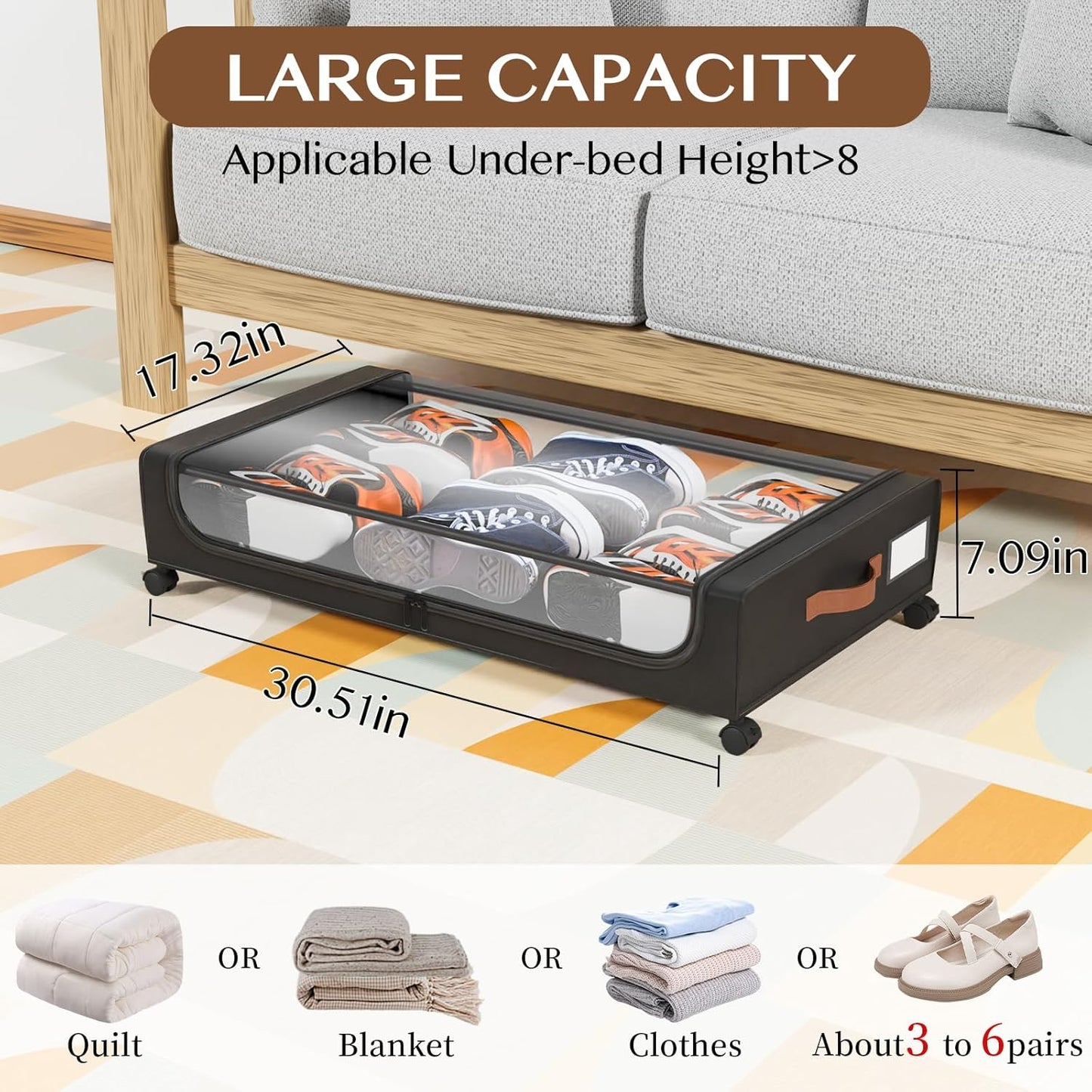 Under Bed Storage with Wheels, UnderBed Storage Containers with Clear Lid and Handles, Under the Bed Storage Bins Drawers for Clothes,Blankets,Shoes,Books (BLACK, 2 PACK)