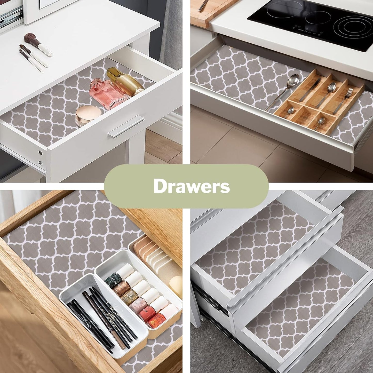 Drawer and Shelf Liner for Kitchen Cabinet: 23.6 in X 20 Ft Non Slip Waterproof Shelf Paper Non Adhesive Refrigerator Liners Gray Quatrefoil Easy Liners for Bathroom Cupboard with Knife Tape Measure
