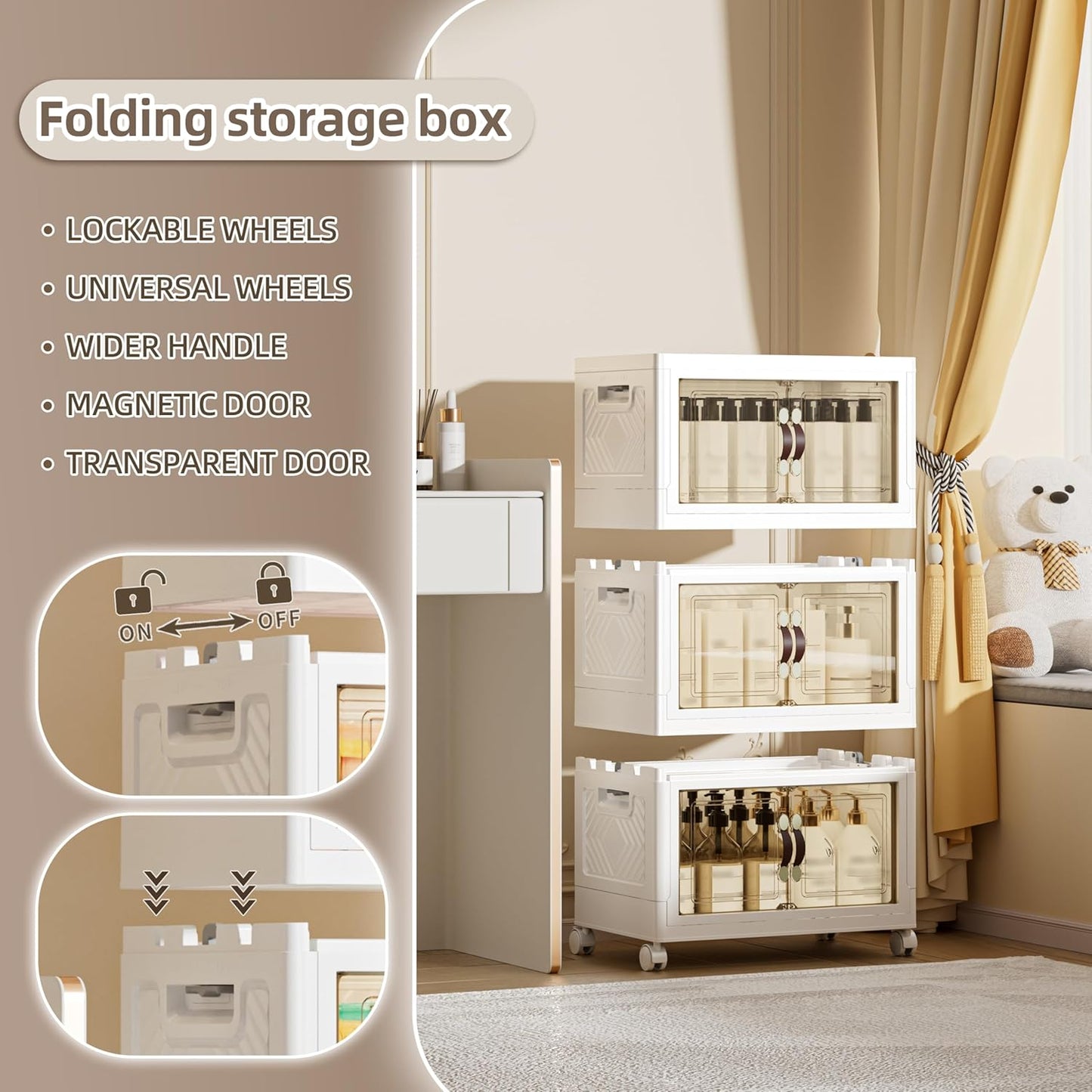 108 QT / 27 Gal Magnetic Double Door Cabinet with Wheels - Foldable Stackable Design, Leather Handles, Water Resistant Organizer for Bathroom, Kitchen