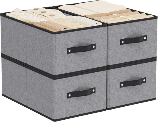 Foldable Storage Bins with Handles, Fabric Storage Cubes for Organizing, Decorative Linen Closet Organizers, 18.5 × 11 × 7.9 Inch, Gray, 4-Pack