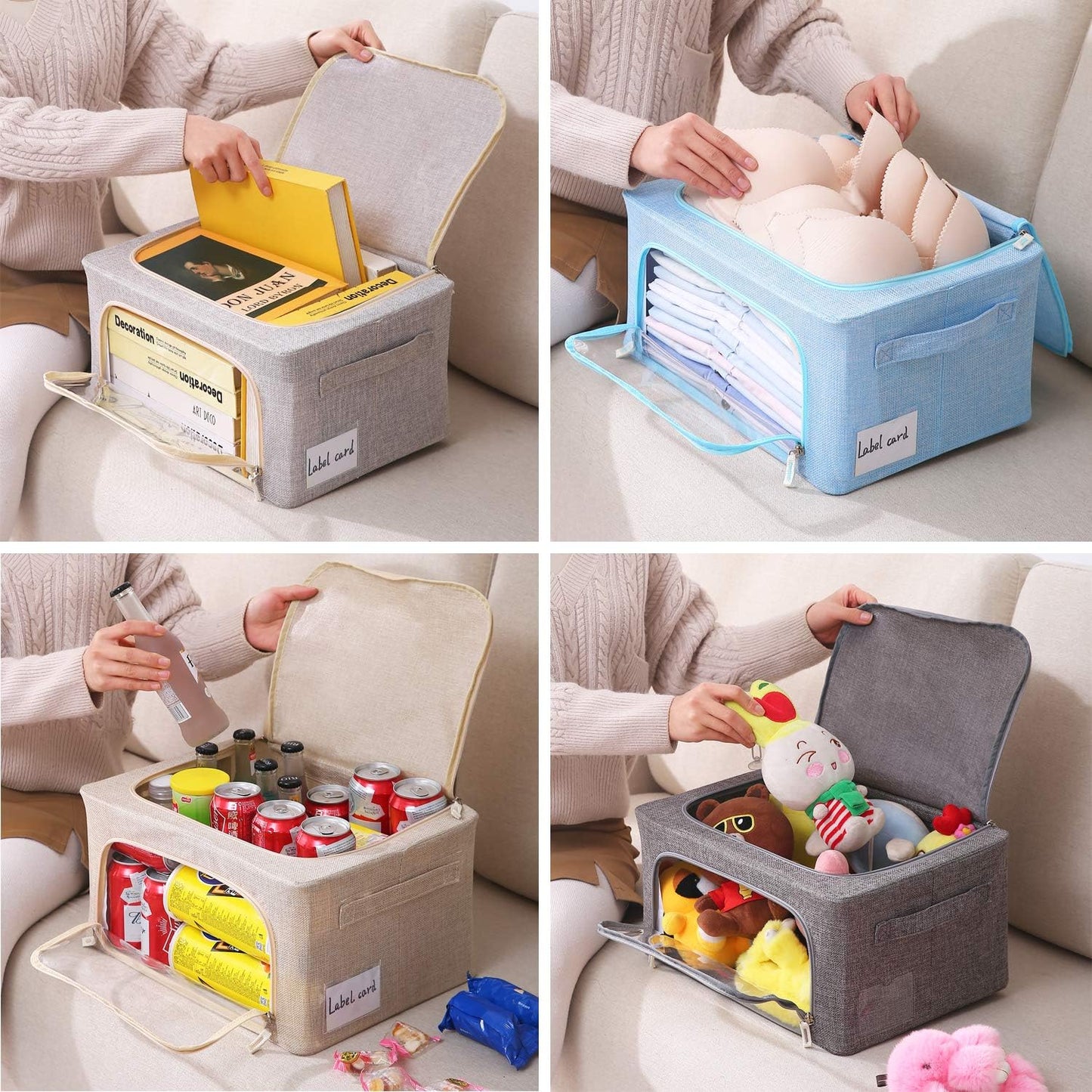 CYhom 3Pack Foldable Storage Bins - Frame Storage Box Linen Fabric Stackable Clothes Container Organizer with Clear Window & Carry Handles Large Capacity (Small-22L, Dark Gray)