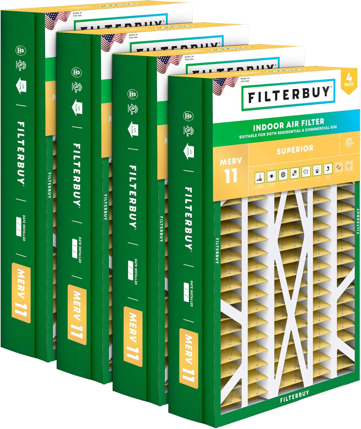 Filterbuy 14.5x27x5 Air Filter MERV 11 Superior Pet & Allergy Defense (4-Pack), Pleated HVAC AC Furnace Filters for Trane, American Standard, Honeywell, and More (Actual Size: 14.06 x 26.13 x 4.97)